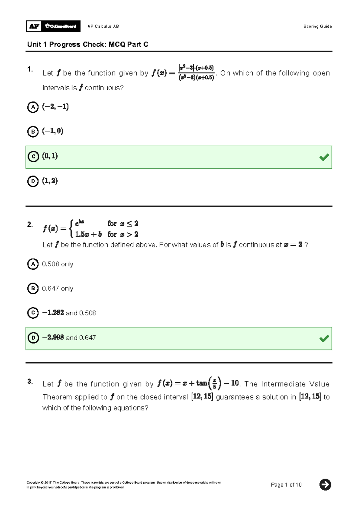 AP Calculus AB Unit 1 Progress Check: MCQ Part C Guide - Studocu