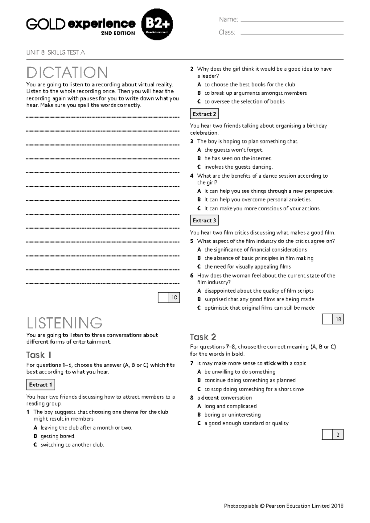 B2P Gold Exp UNIT 8 Skills Test A: Listening & Reading Tasks - Studocu