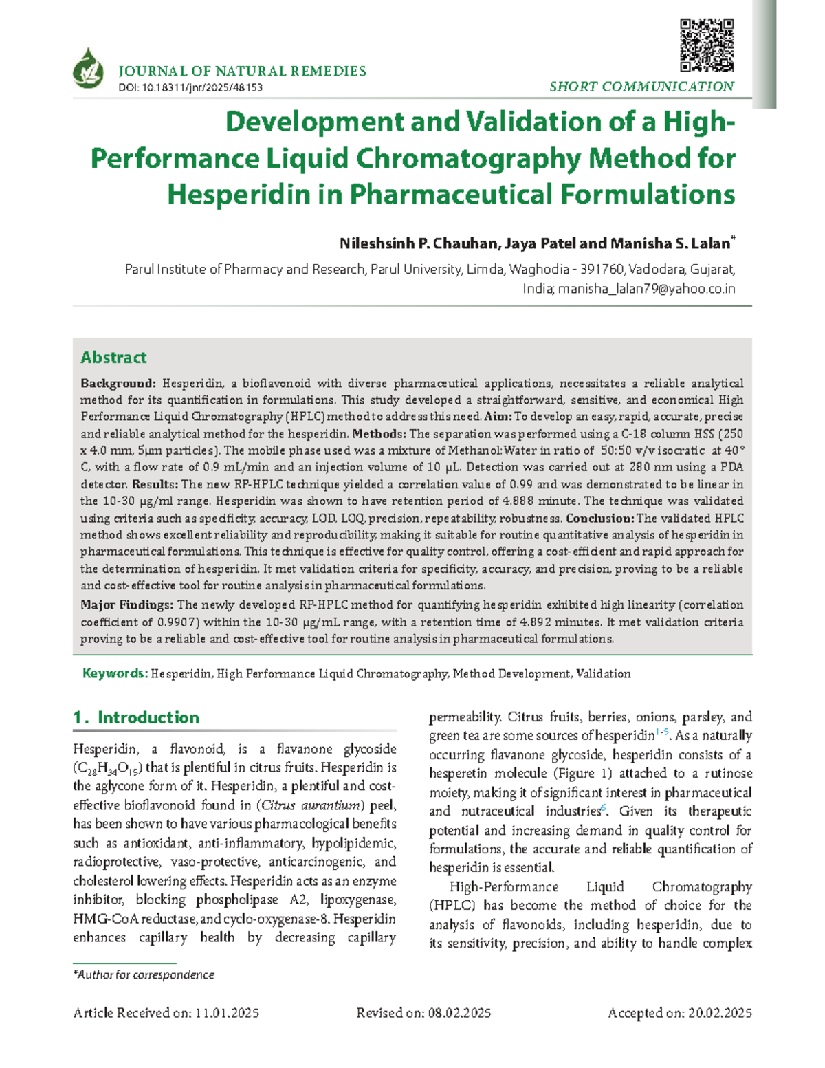 Development and Validation of HPLC Method for Hesperidin (20-JNR-48153 ...