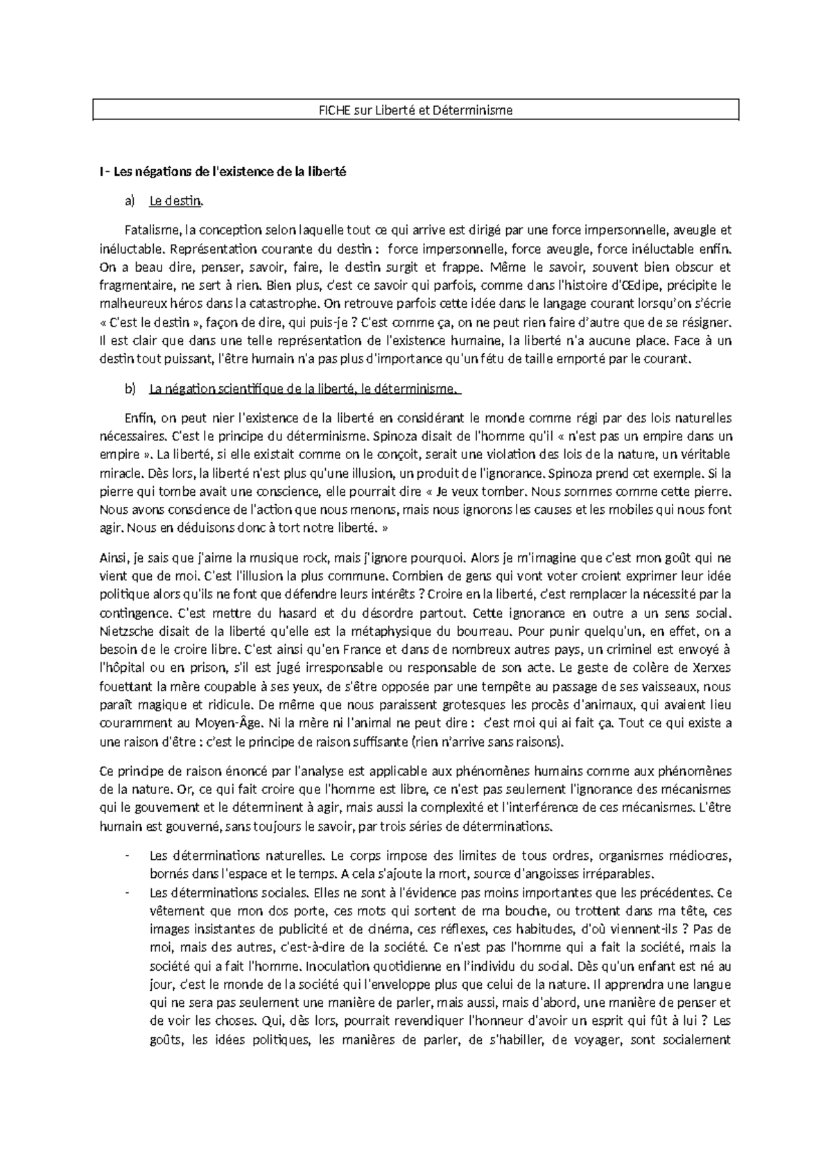 FICHE sur Liberté et Déterminisme - Analyse 2025 - Studocu