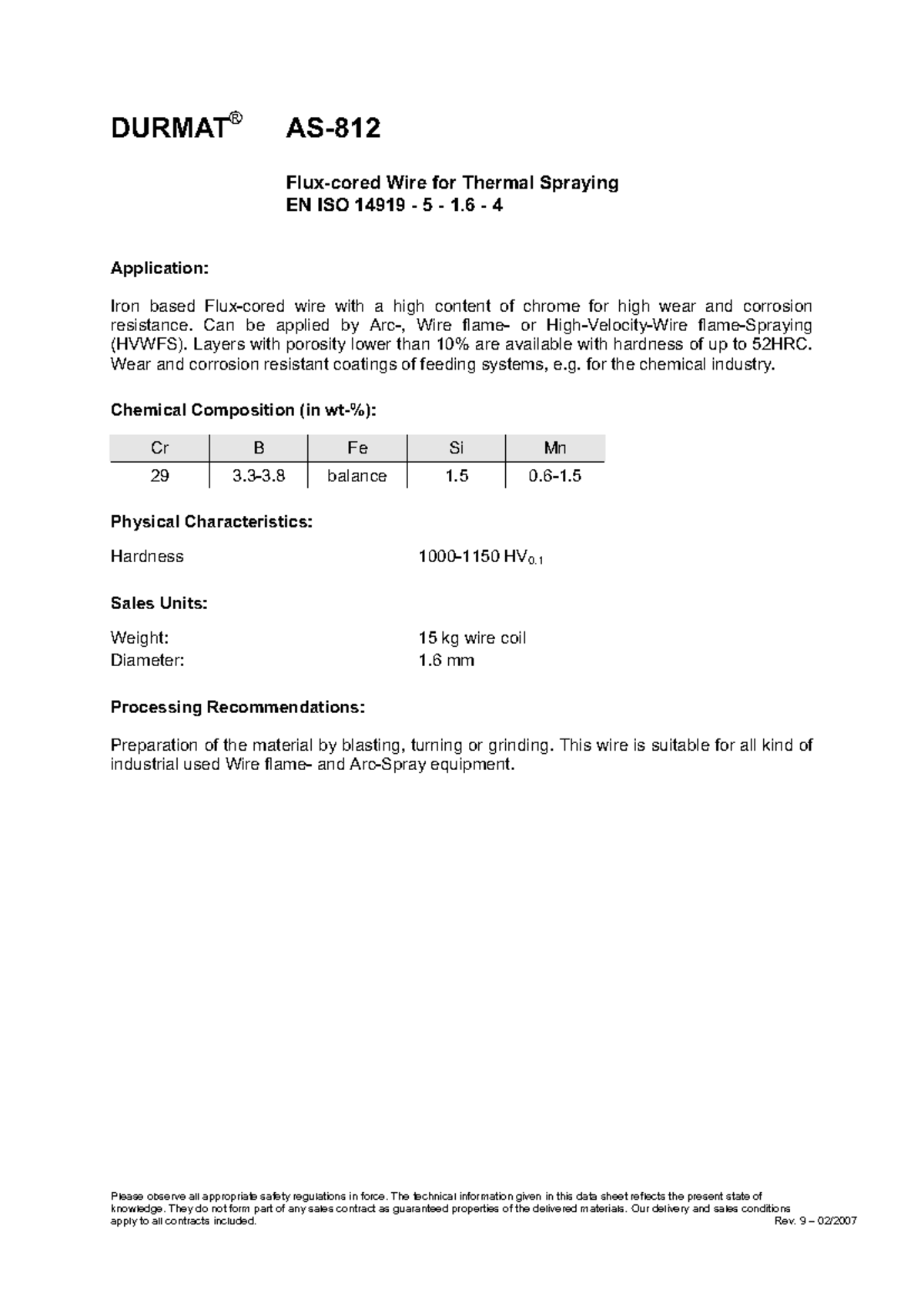 Durmat AS-812 - RRR: Iron-Based Wire for Thermal Spraying - Studocu