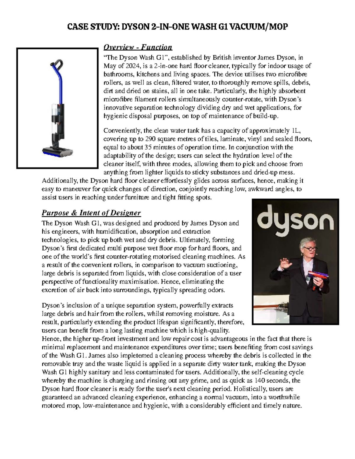 CASE STUDY: DYSON WASH G1 - Overview and Development Insights - Studocu