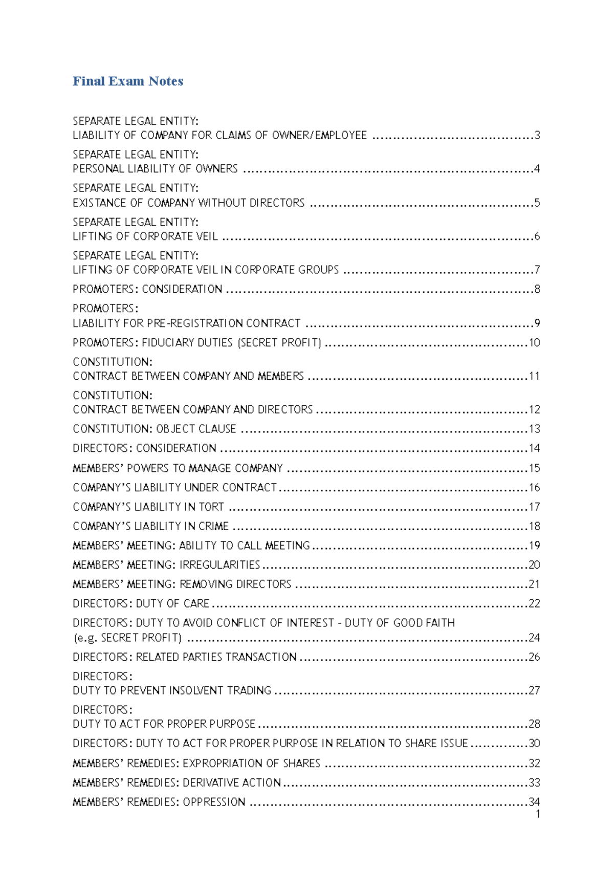 Corporate Law Final Exam Summary Notes (Course Code: CL101) - Studocu