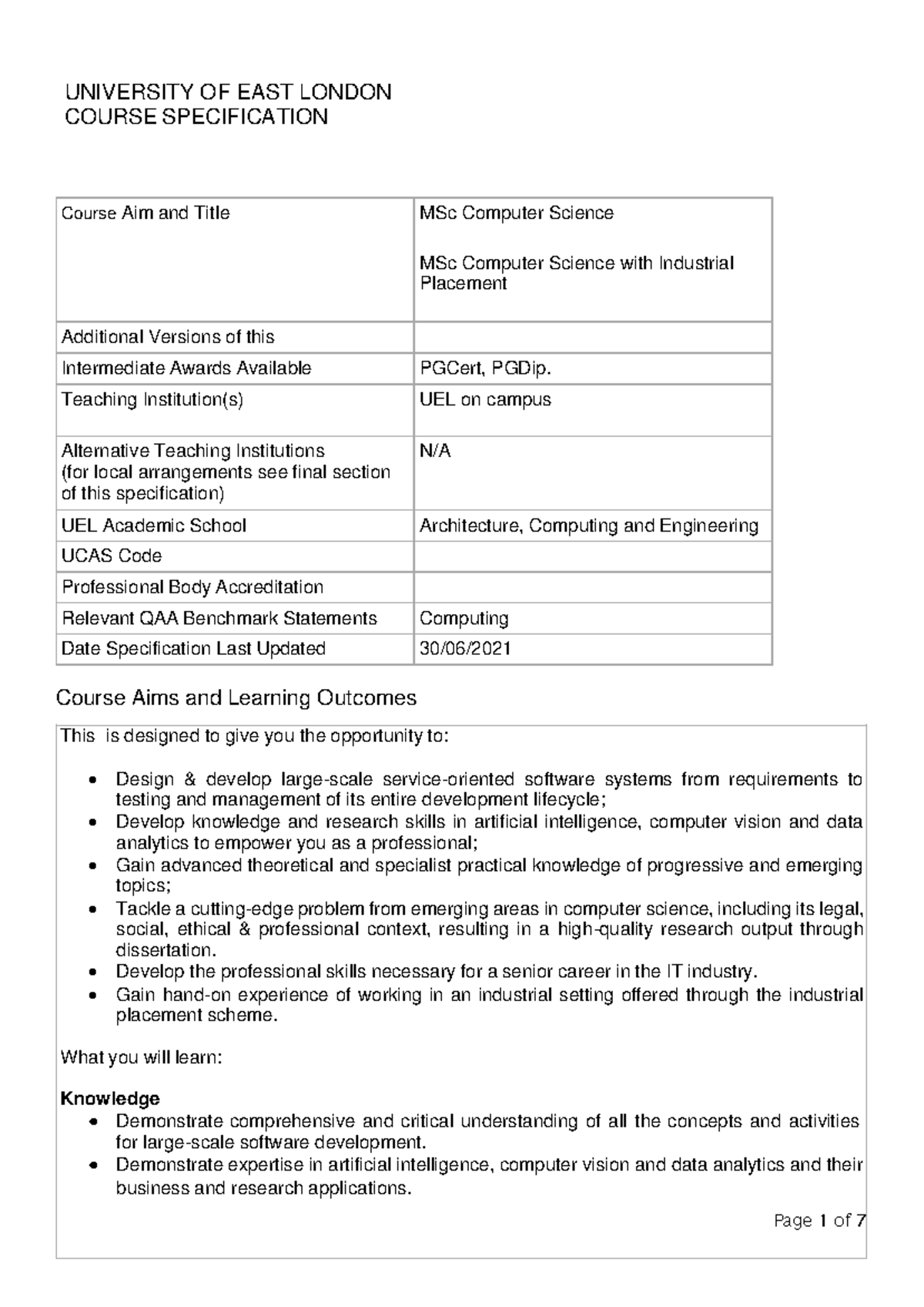 MSc Computer Science Course Specification (Including Industrial ...