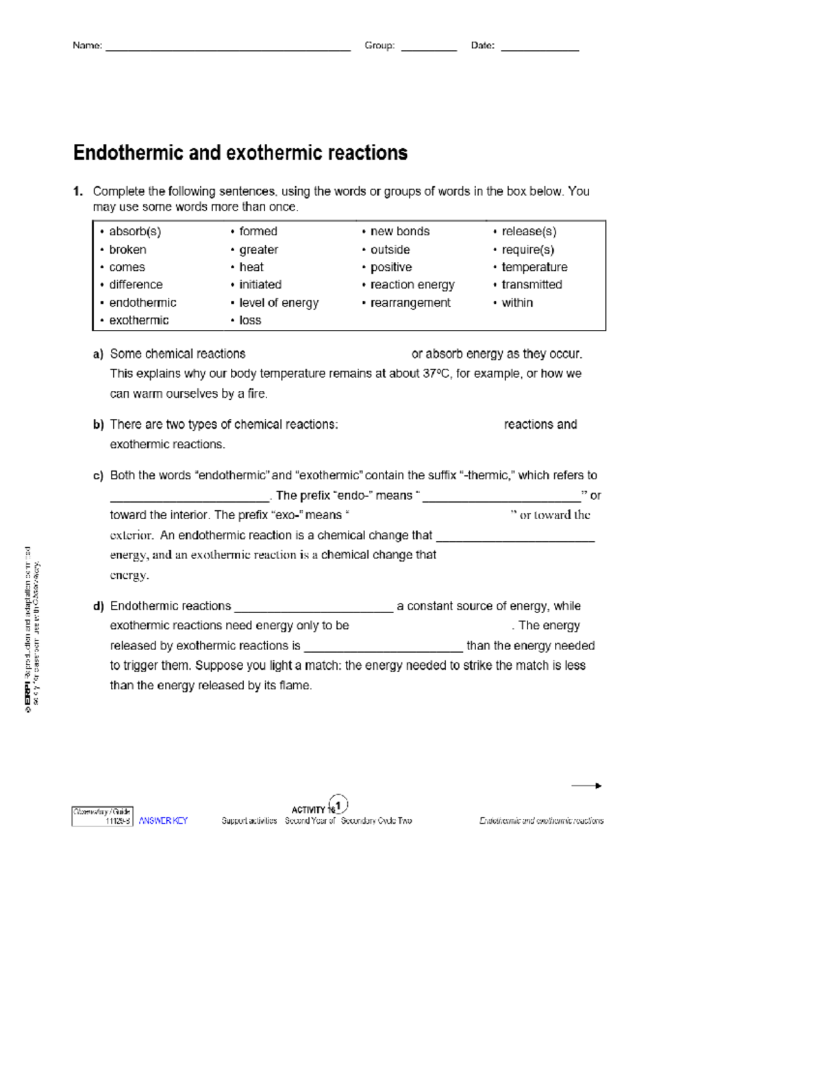 Endothermic and Exothermic Reactions Worksheet - Observatory Guide ...