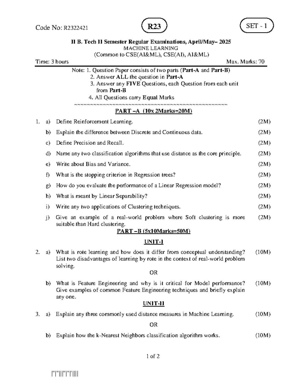 Machine Learning R23 II B. Tech II Sem Previous Years Question Papers ...
