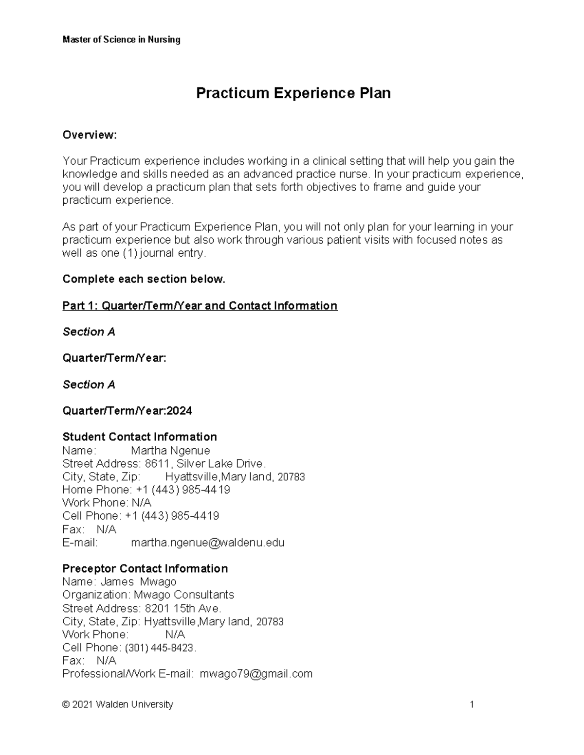 WK2Assgn 2+Ngenue+M (pep) - Practicum Experience Plan Overview: Your ...