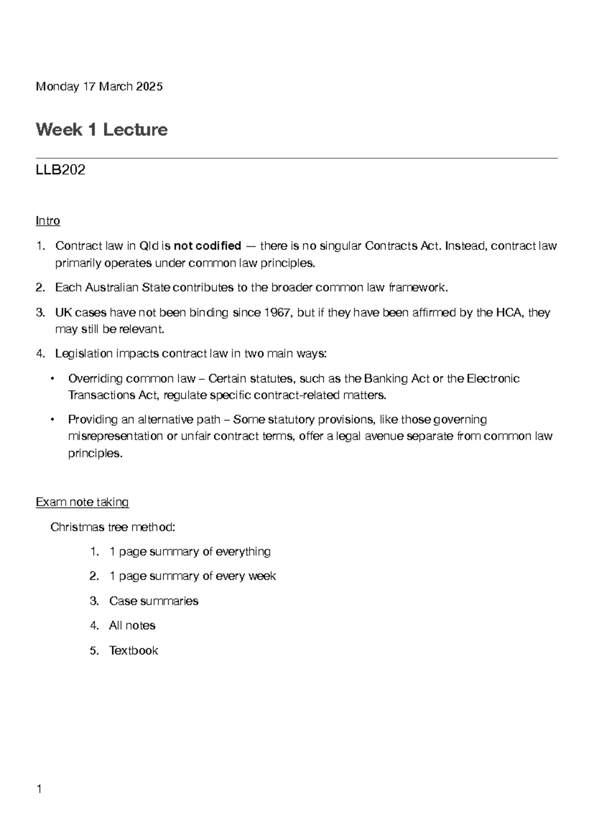 Week 1 Lecture Notes: LLB202 Intro to Contract Law in Qld - Studocu