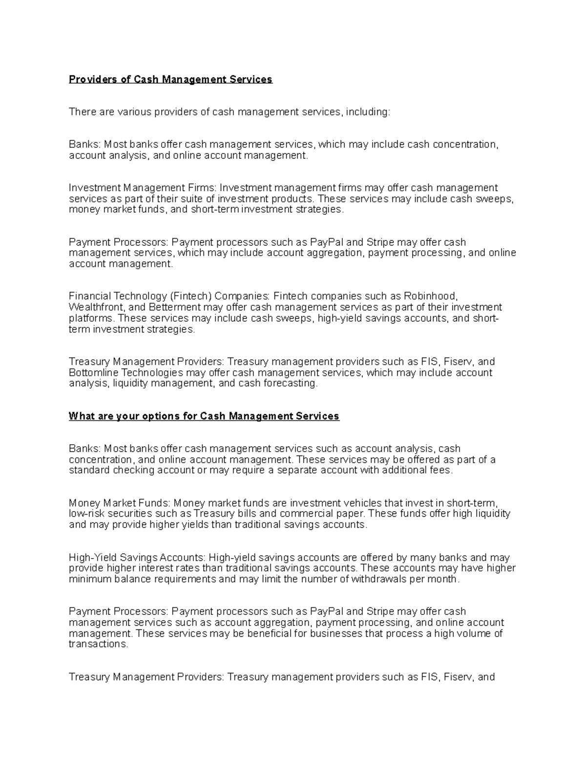 Providers of Cash Management Services - Investment Management Firms ...