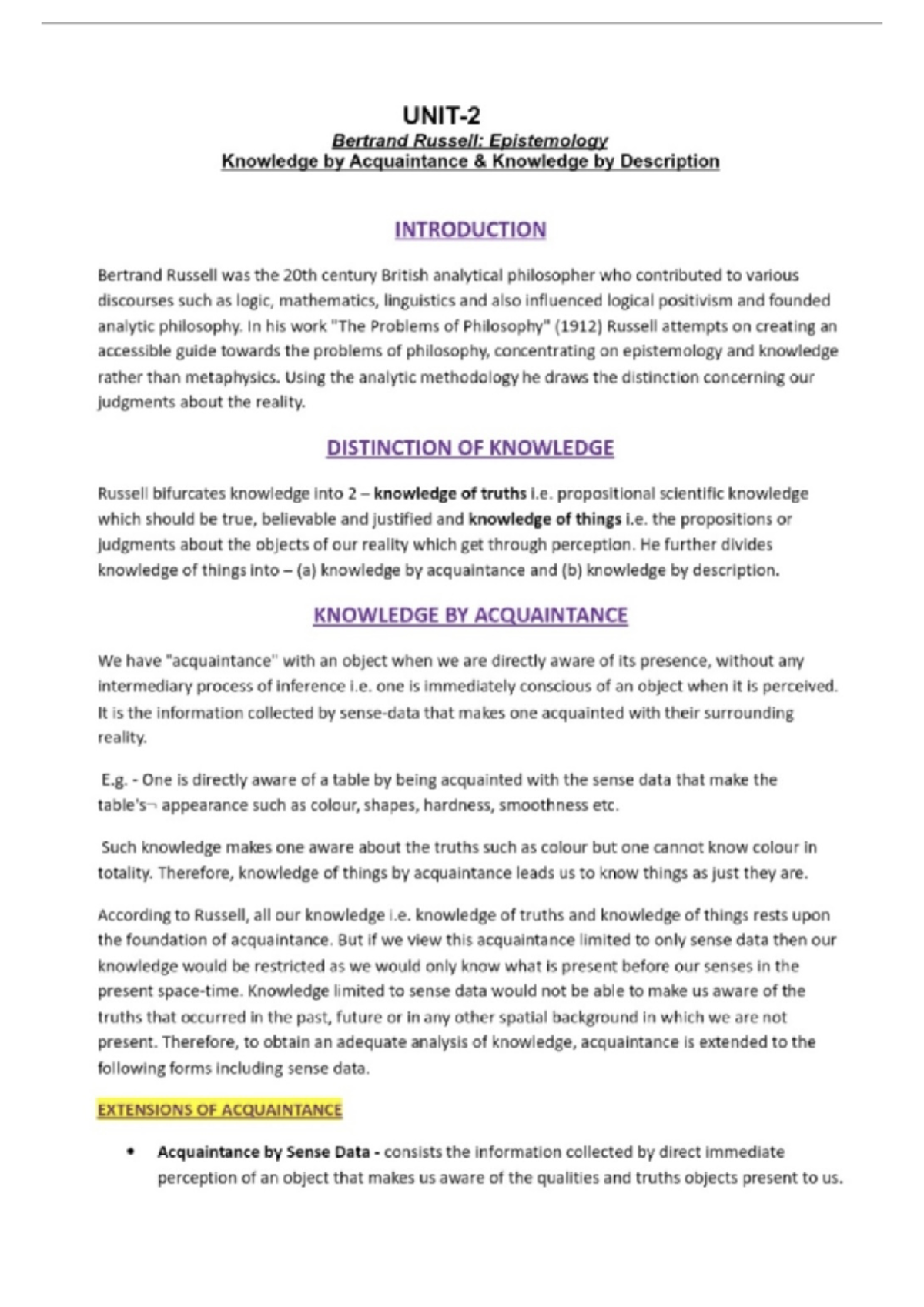 Epistemology and Knowledge: Bertrand Russell's Insights - Notes - Studocu
