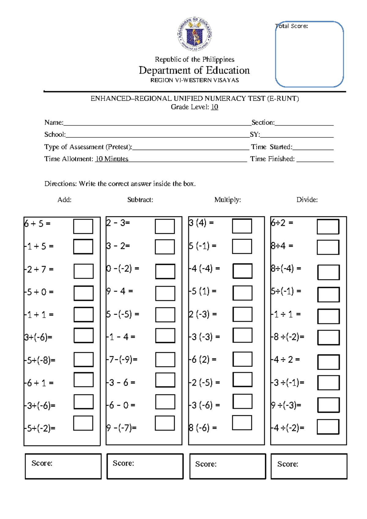 Erunt Pretest Grade 10 - 6 + 5 = -1 + 5 = -2 + 7 = -5 + 0 = -1 + 1 = 3 ...