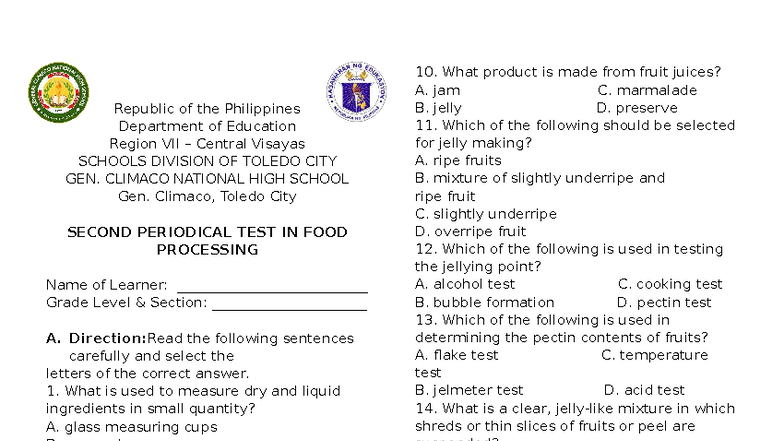 Second Periodical Test in Food Processing (FP 101) - Studocu