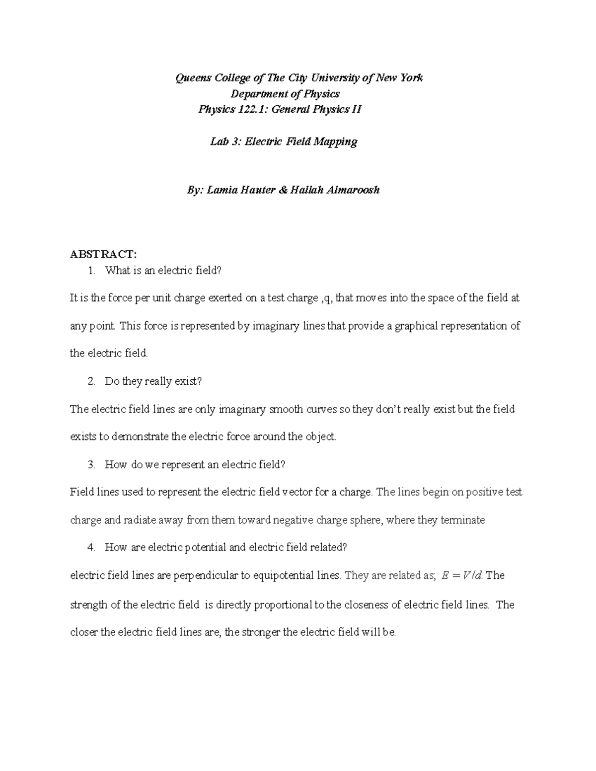 Physics 122 Lab 3 Report On Electric Field Mapping Analysis Studocu