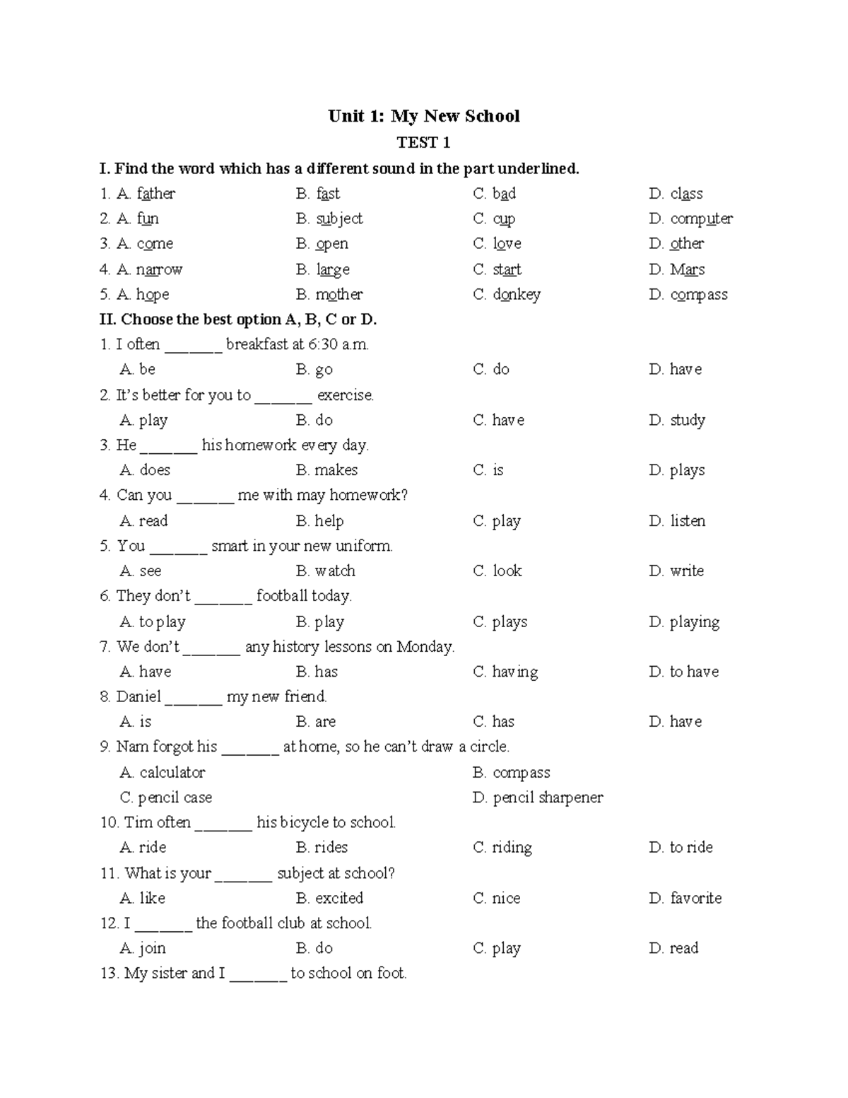 Unit 1: My New School - Practice Test 1 - Studocu