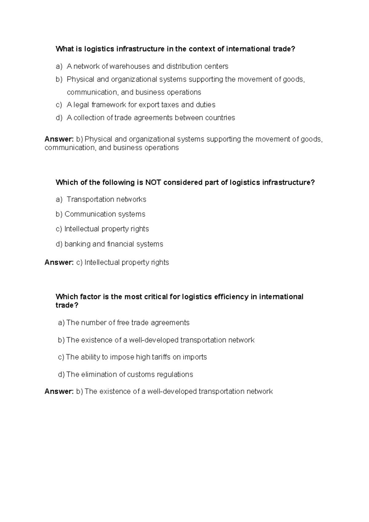 Topic 3 Chapter 3 MCQ Notes on Logistics Infrastructure in Trade - Studocu