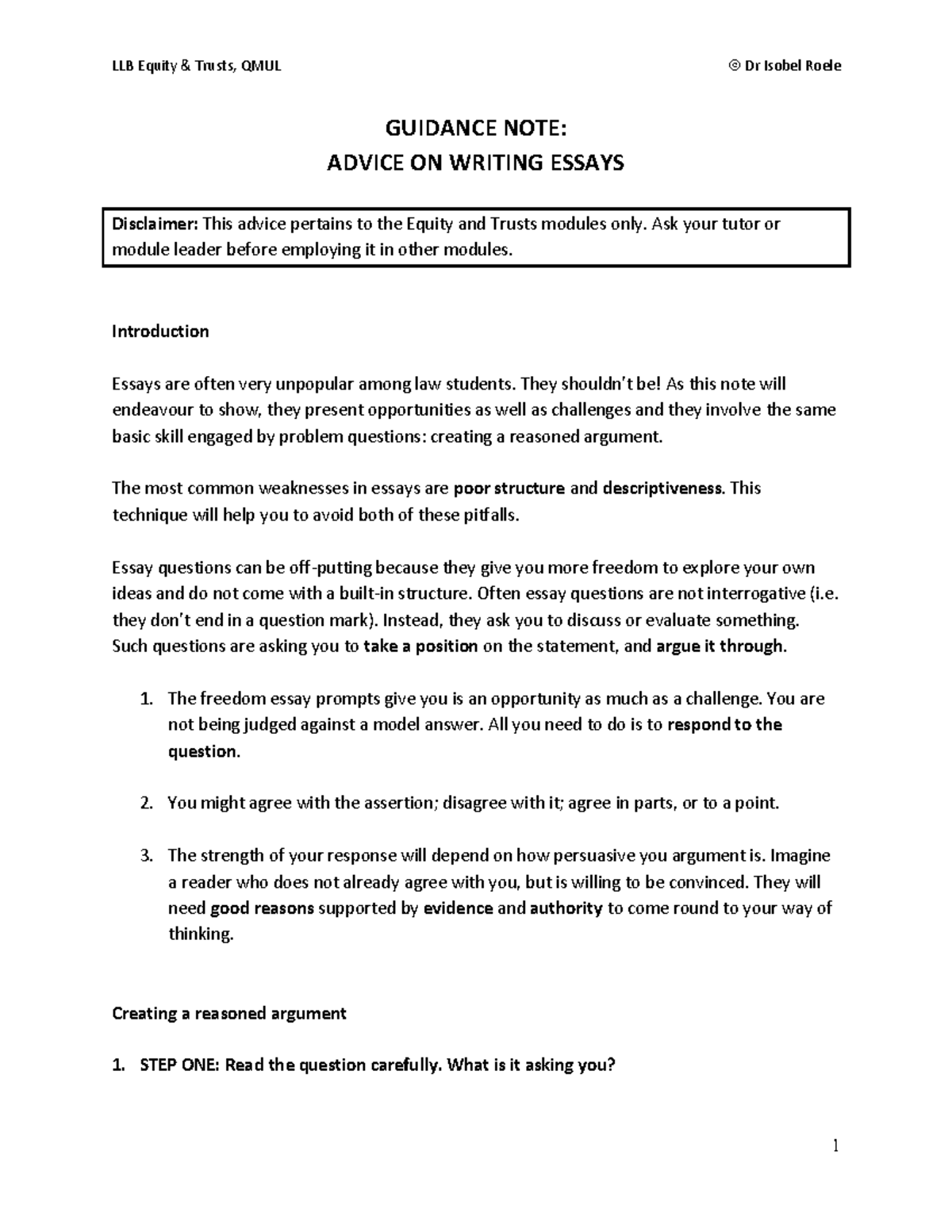 LAW5003 Essay Writing Guidance Note for Equity and Trusts Module - Studocu