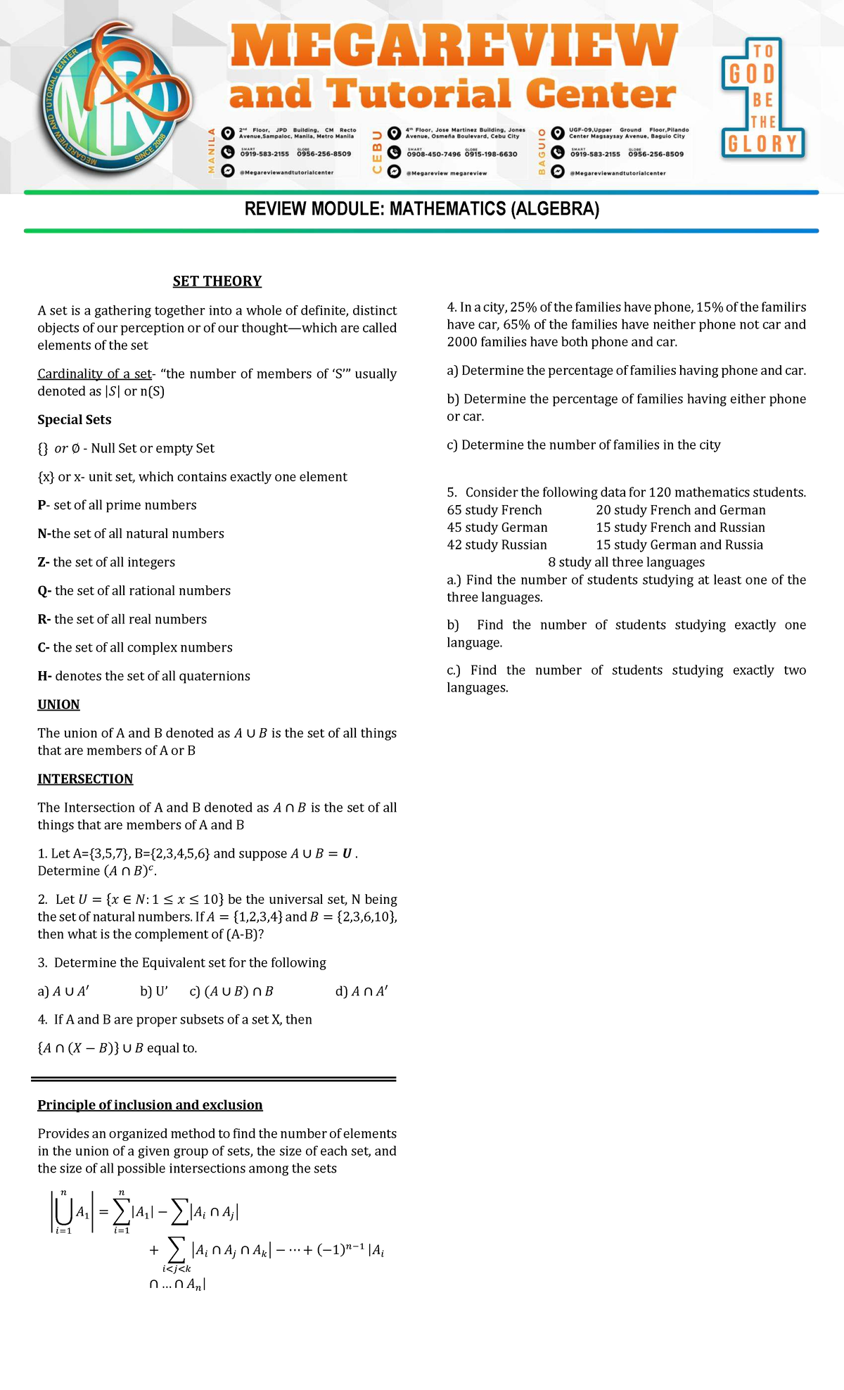 REVIEW MODULE 01: ALGEBRA 1 - SET THEORY AND FUNCTIONS - Studocu