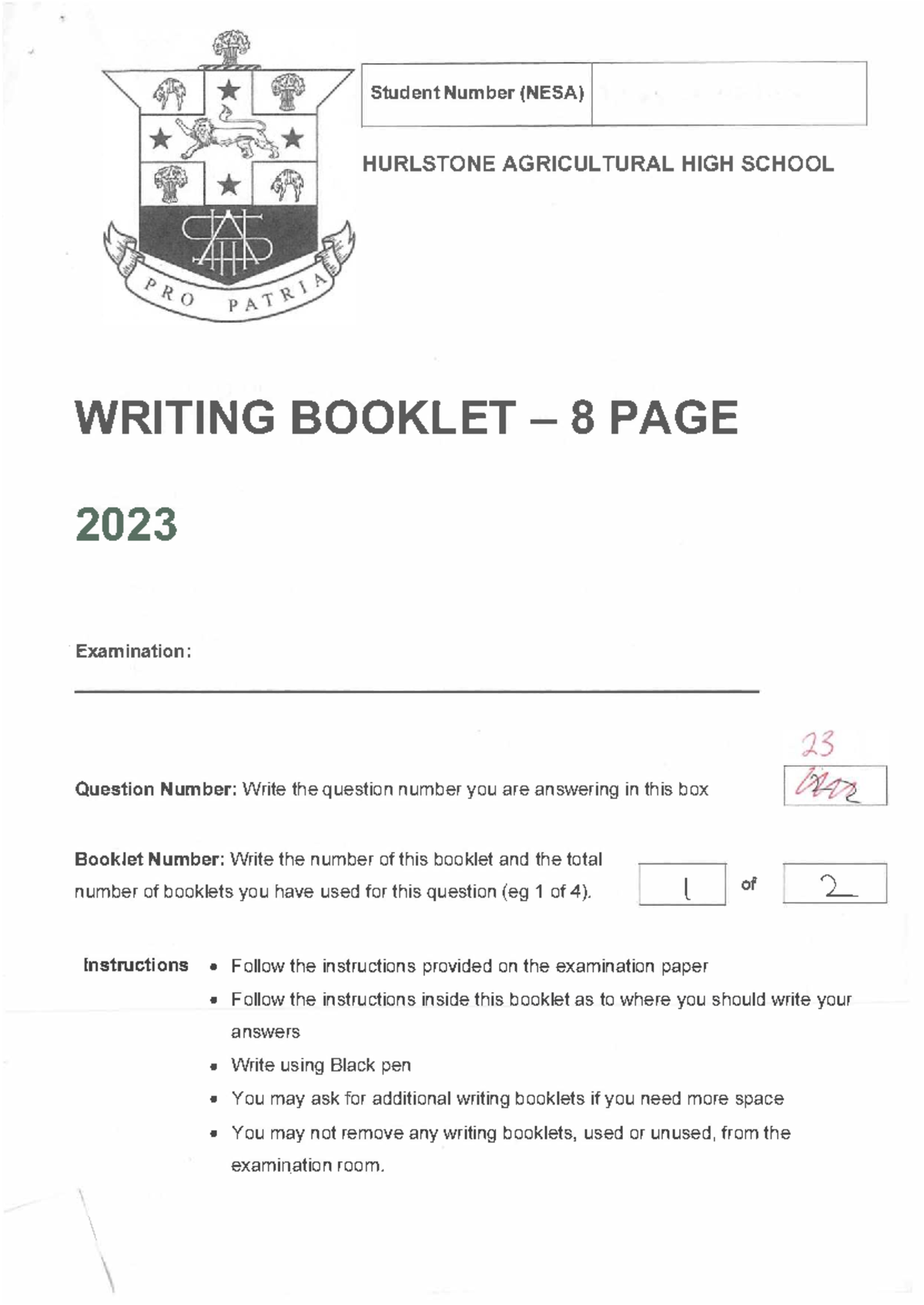 HURLSTONE AGRICULTURAL HIGH SCHOOL Writing 8 Exam Instructions 2023 ...