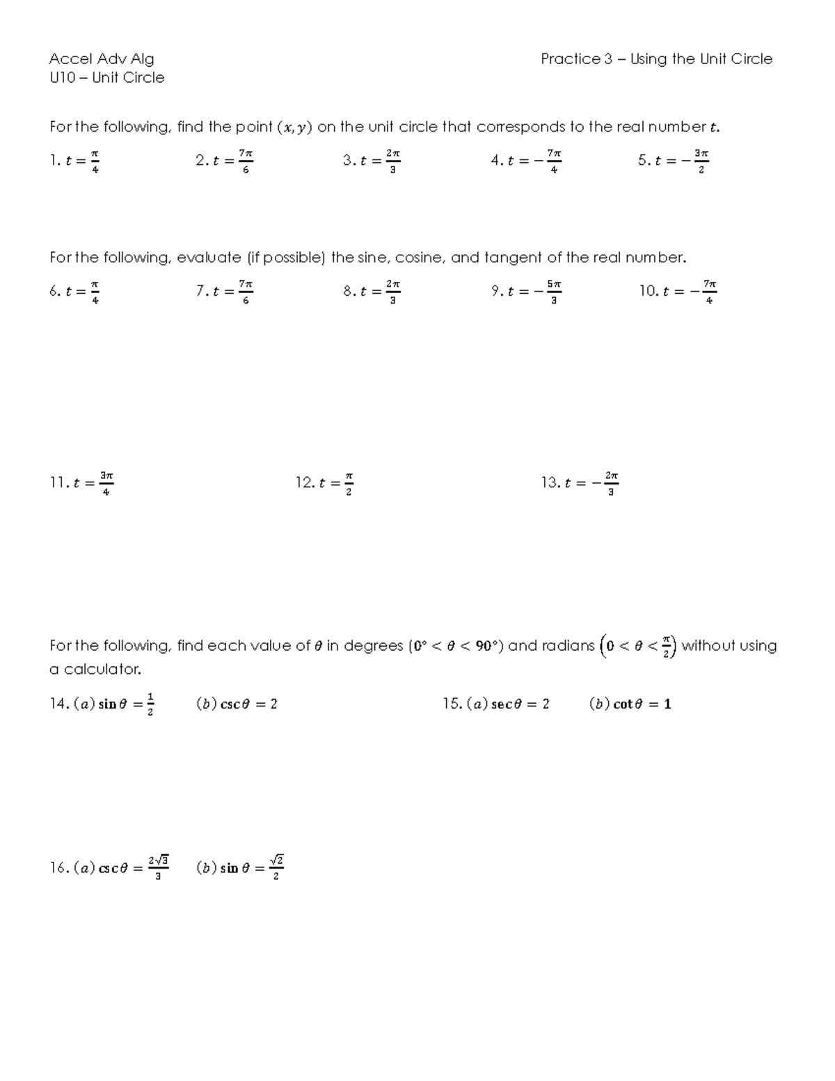 Accel Adv Alg U10 Unit Circle Practice Exercises and Solutions - Studocu