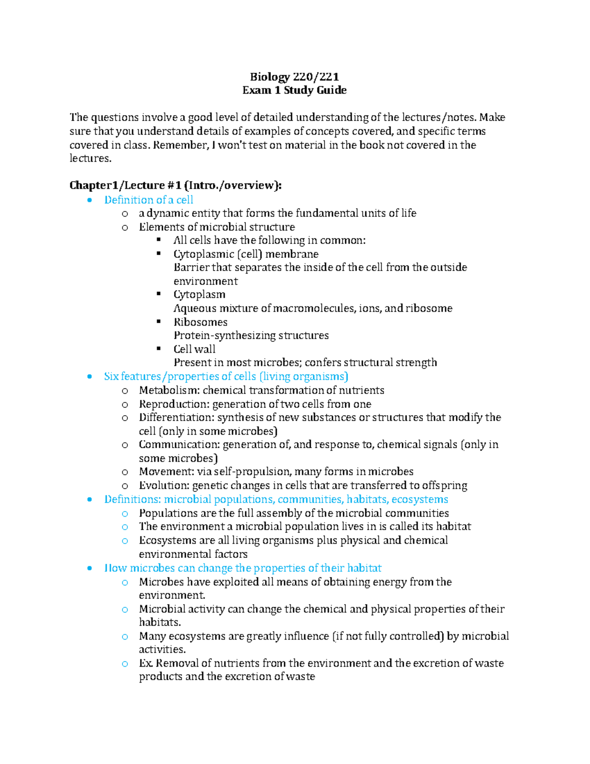 BIO 221 Exam 1 Comprehensive Study Guide and Key Concepts - Studocu
