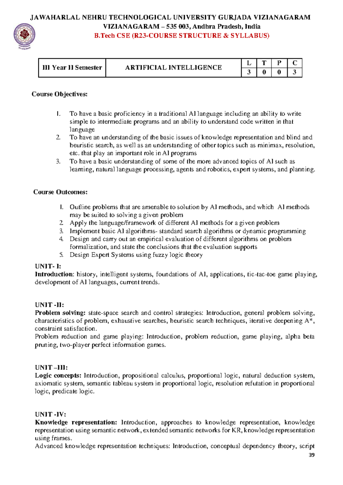 AI Syllabus - B.Tech CSE Year II Sem (JNTU Vizianagaram) - Studocu