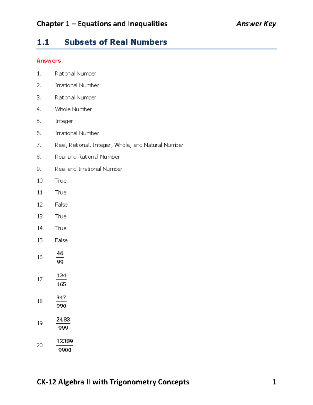 Answer Key for Algebra II with Trigonometry Concepts: Chapter 1 ...