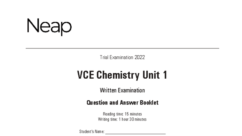 VCE Chem Unit 1 Trial Exam Q&A Booklet 2022 - Studocu
