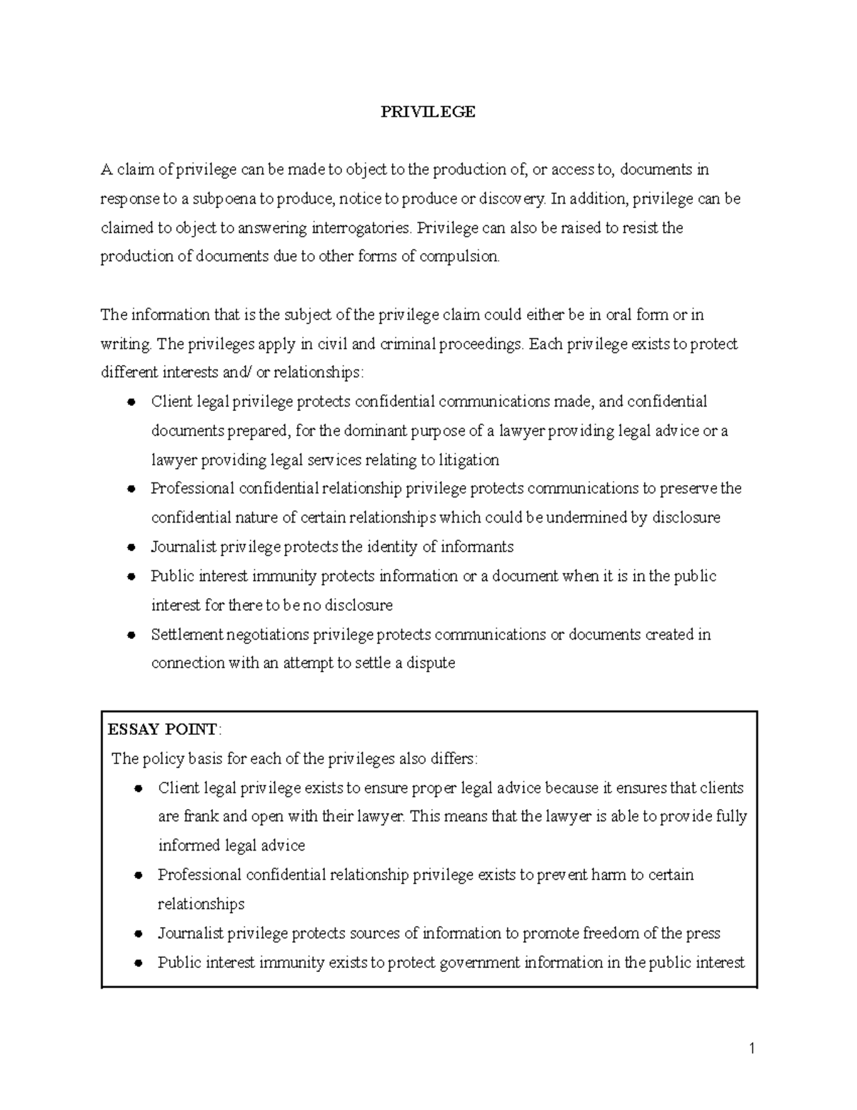 LAWS2371 - Exam Notes on Legal Privilege and Its Applications - Studocu