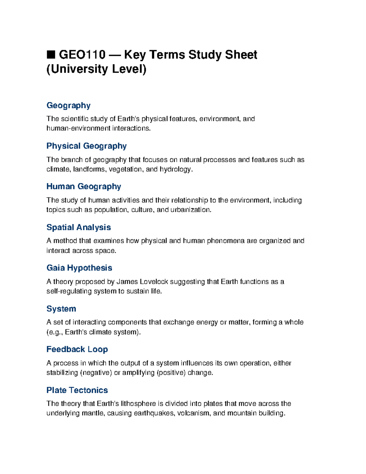 GEO110 Key Terms Study Sheet for Geography Concepts - Studocu