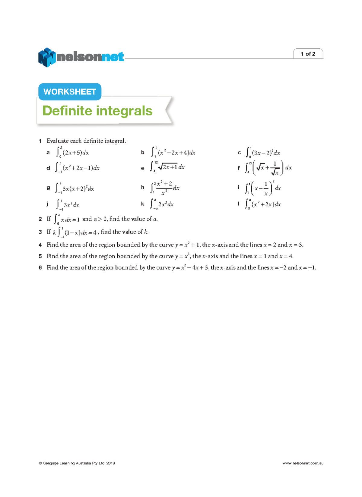 MATH 101: Definite Integrals Worksheet and Evaluations - Studocu