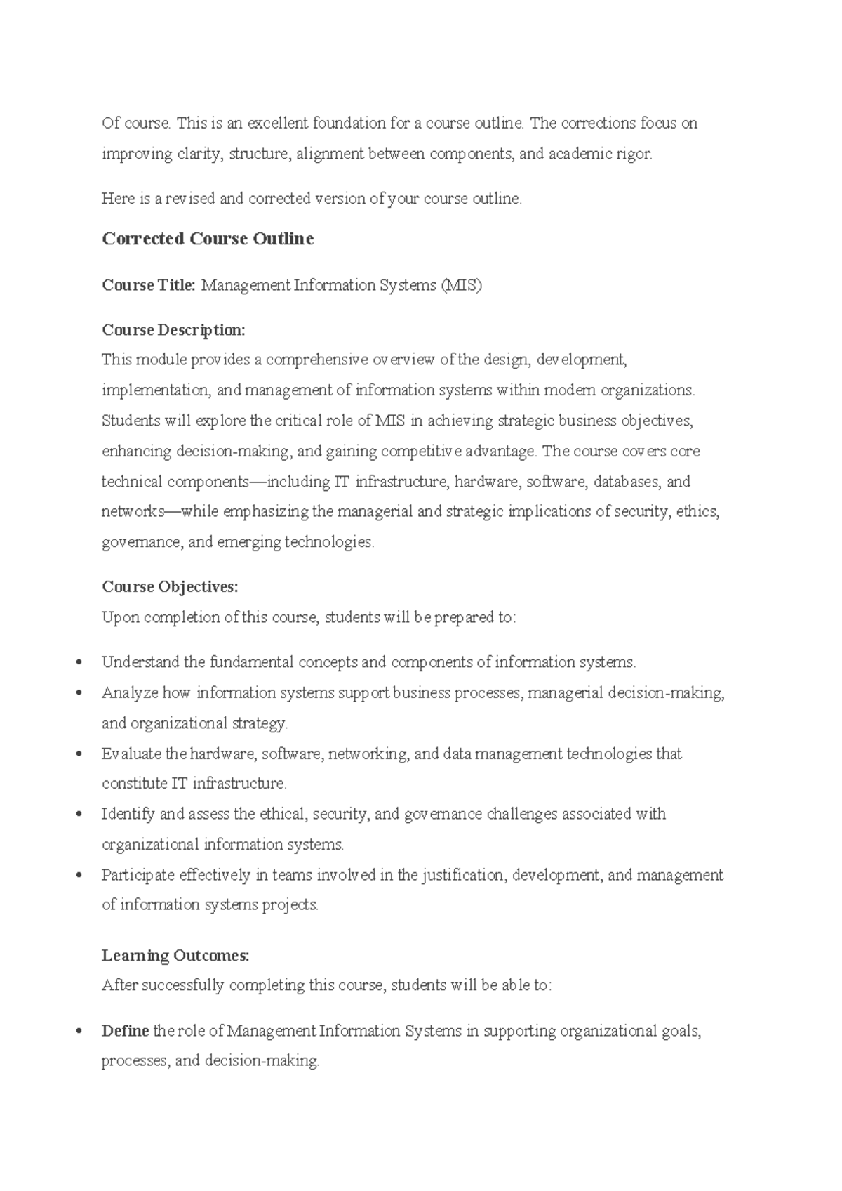 Upgraded Course Outline for Management Information Systems (MIS) - Studocu