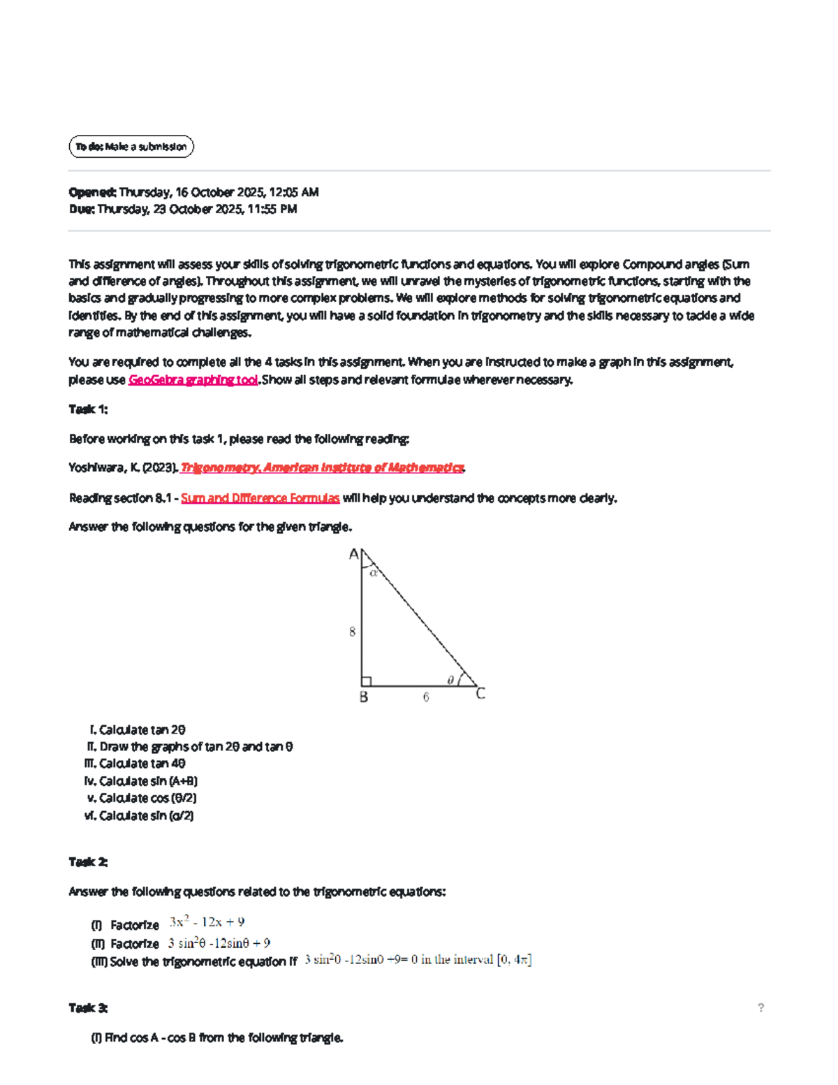 MATH 1201-01 - AY2026-T1 Trigonometry Assignment: Tasks & Guidelines ...