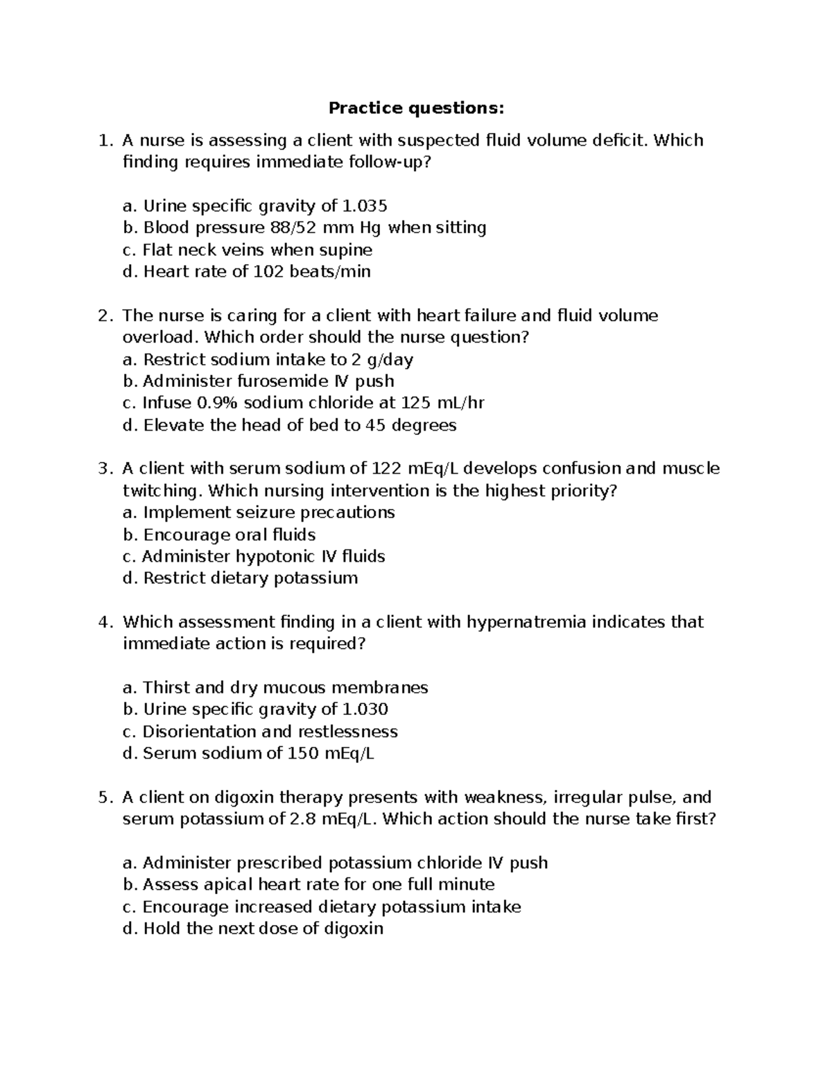 Nursing Practice Questions for Fluid & Electrolyte Imbalances (NUR 101 ...