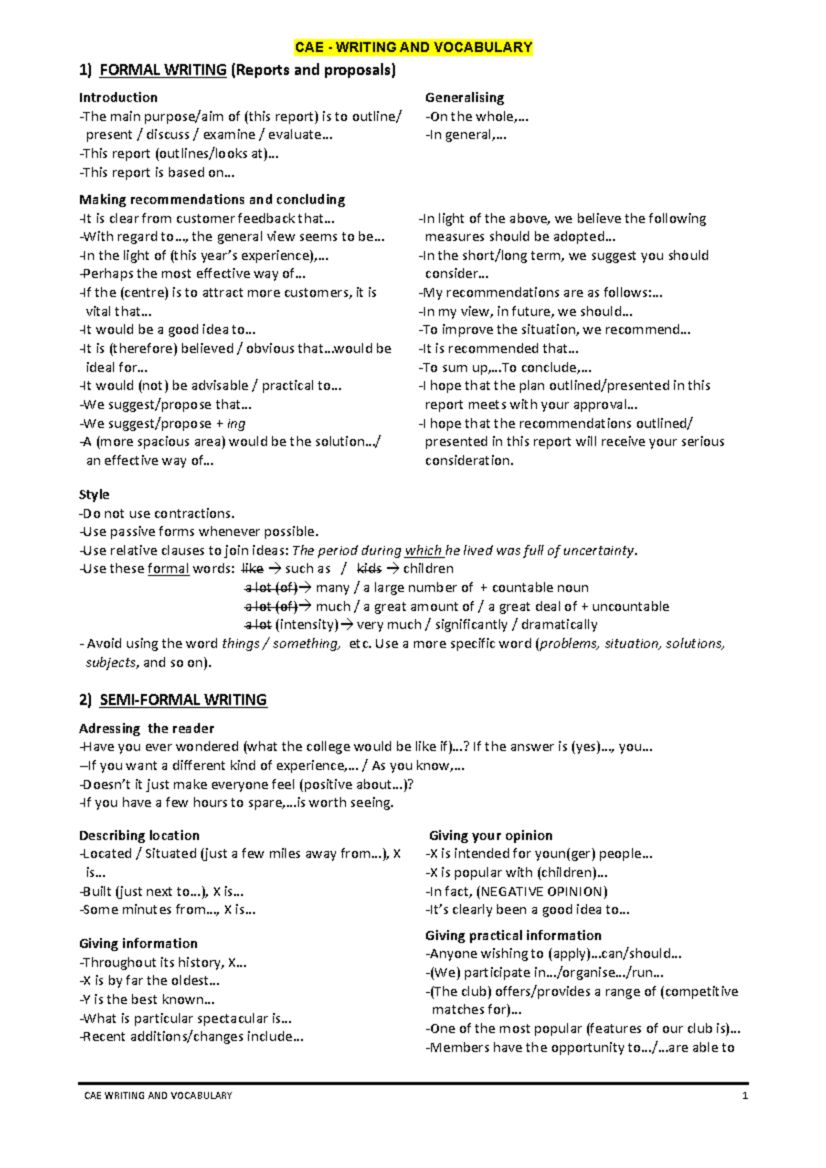 CAE WRITING AND VOCABULARY: FORMAL WRITING GUIDELINES - Studocu