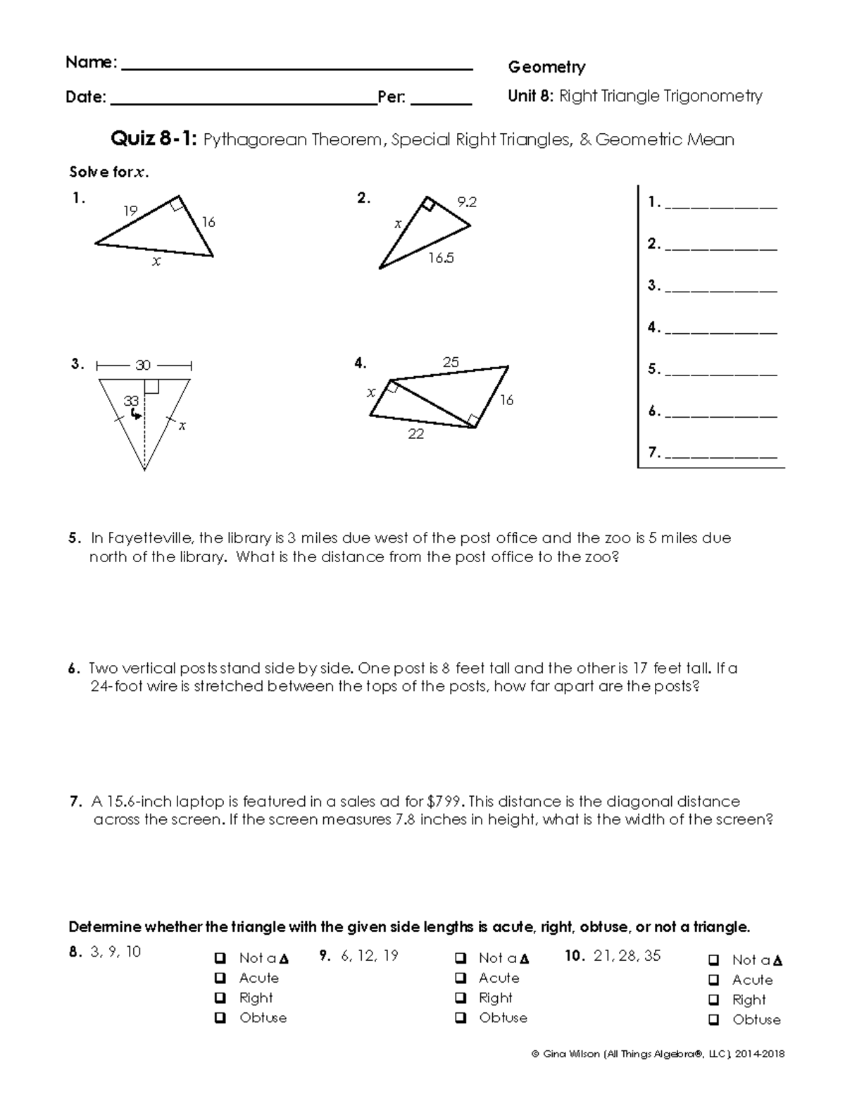 Geometry Quiz: Unit 8 - Right Triangle Trigonometry - Studocu