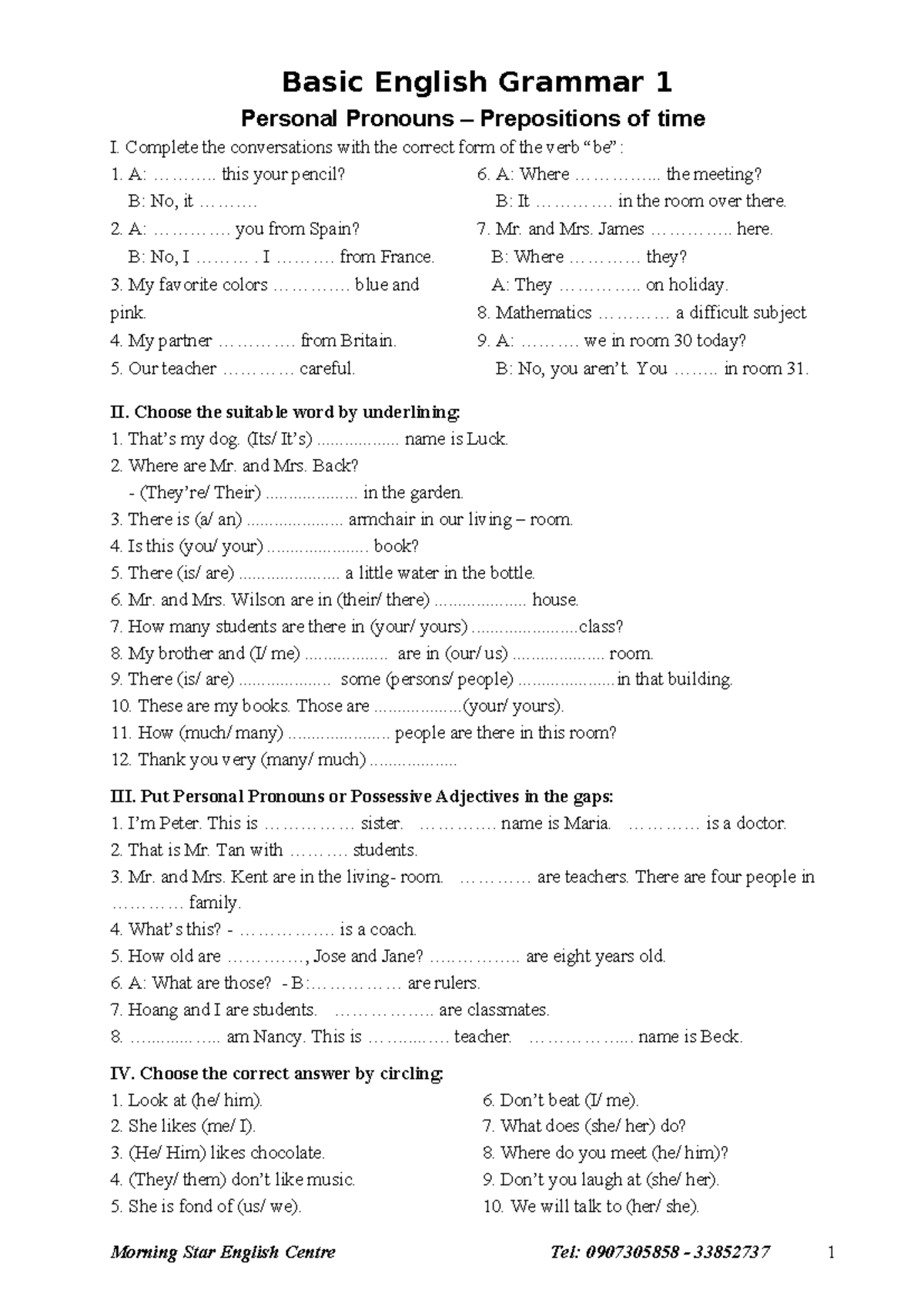 Basic English Grammar 1: Personal Pronouns & Prepositions Exercises ...