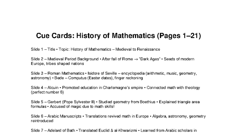 History of Mathematics Cue Cards: Medieval to Renaissance Overview ...