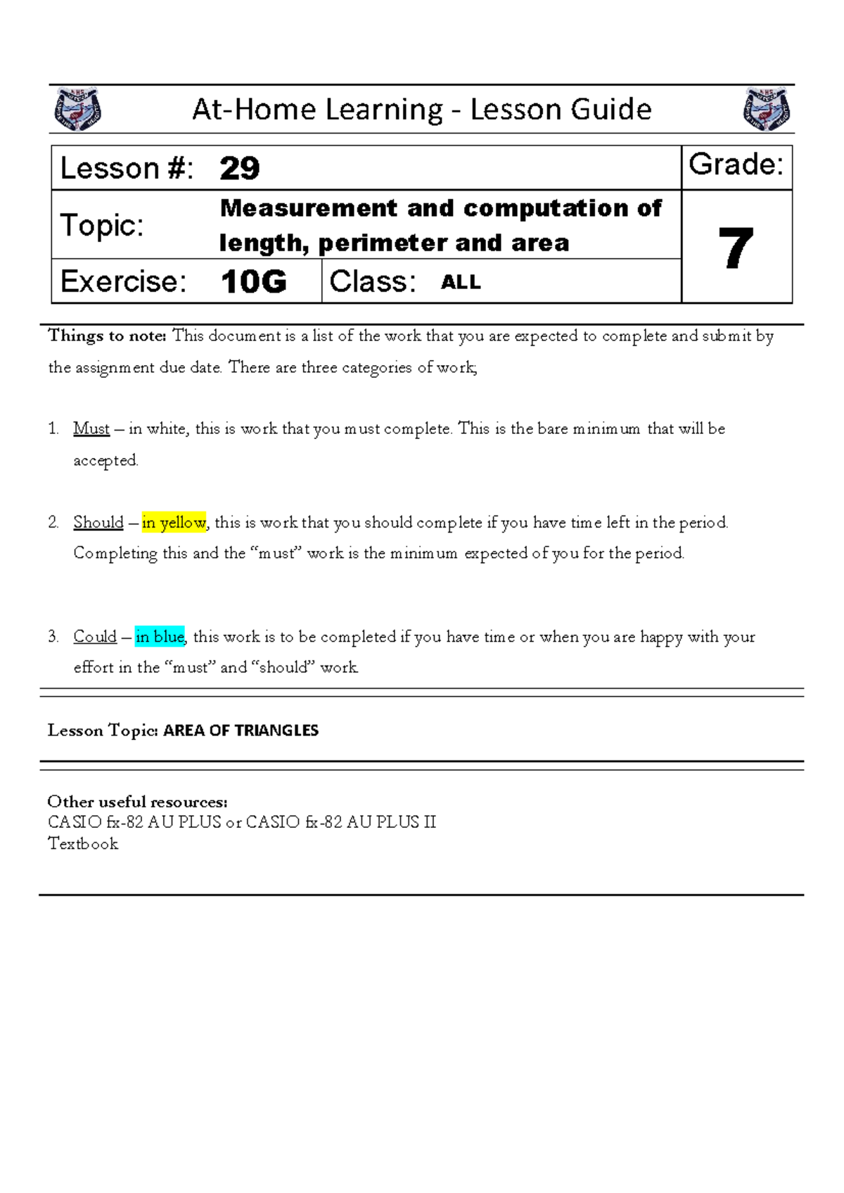 Lesson 29: Measurement & Area of Triangles Guide (Grade 7) - Studocu