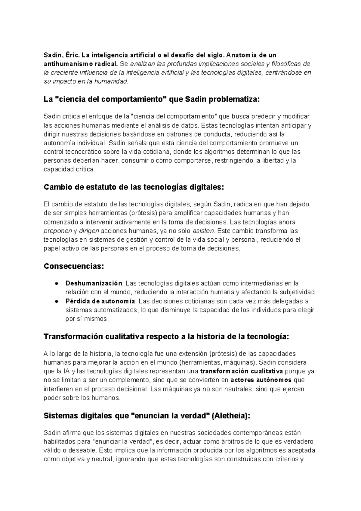 IPMC parcial 2 - RESUMEN - Sadin, Éric. La inteligencia artificial o el ...