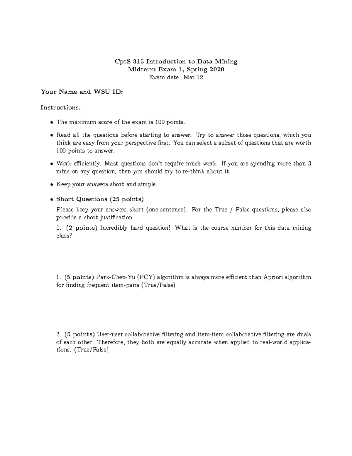 CptS 315 Midterm Exam 1 Study Guide - Spring 2020 - Studocu