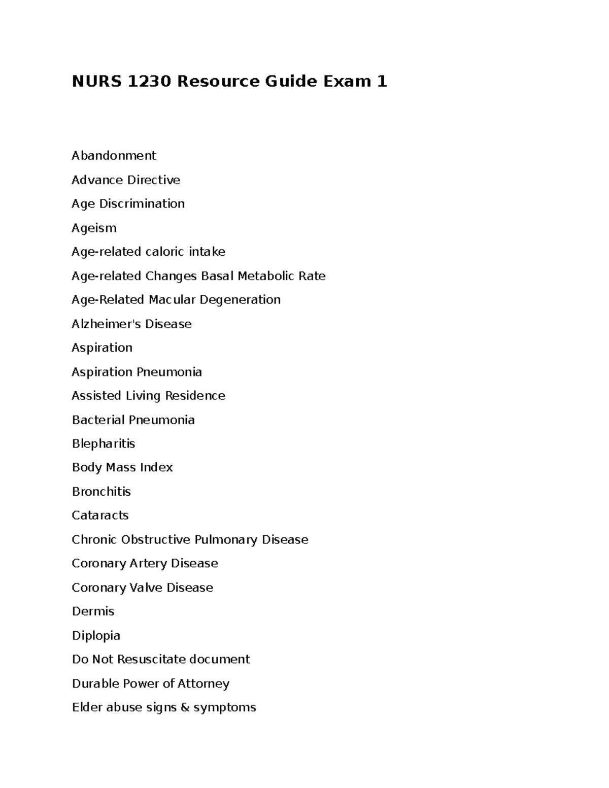 NURS 1230 Study Guide for Exam 1: Key Topics and Concepts - Studocu