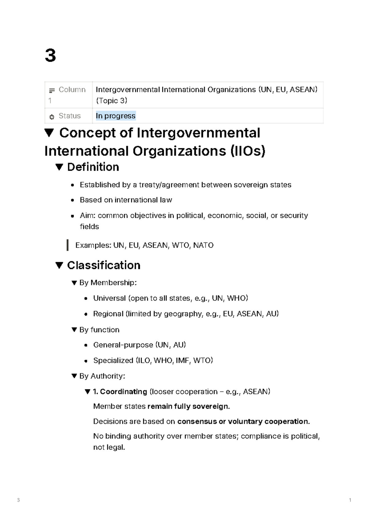 3 Column Analysis of Intergovernmental Organizations (UN, EU, ASEAN ...