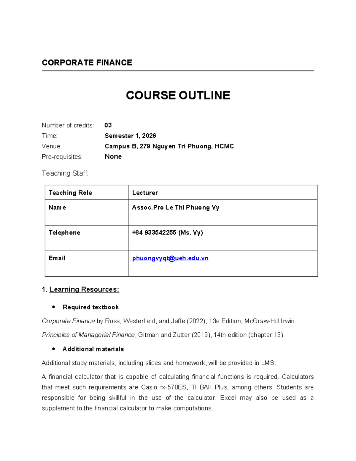 Corporate Finance Course Outline (CF 2026) - Studocu