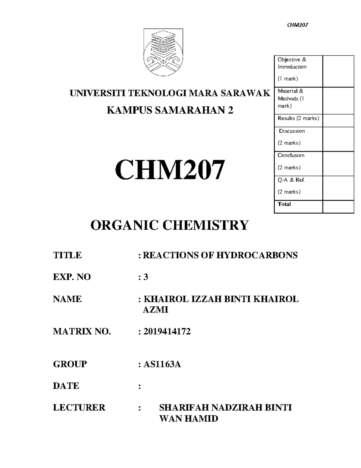 CHM 207 Lab Report 3: Reactions of Hydrocarbons (Hexane, Cyclohexene ...