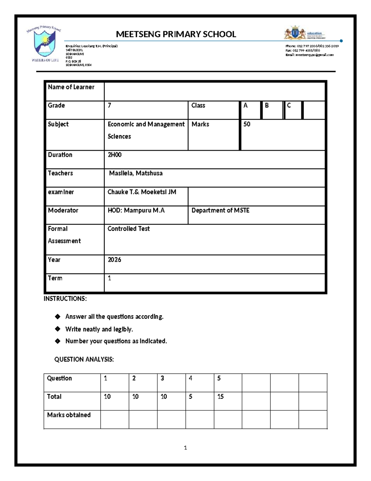 EMS 2026 Term 1 Controlled Test Notes for Grade 7 - Studocu