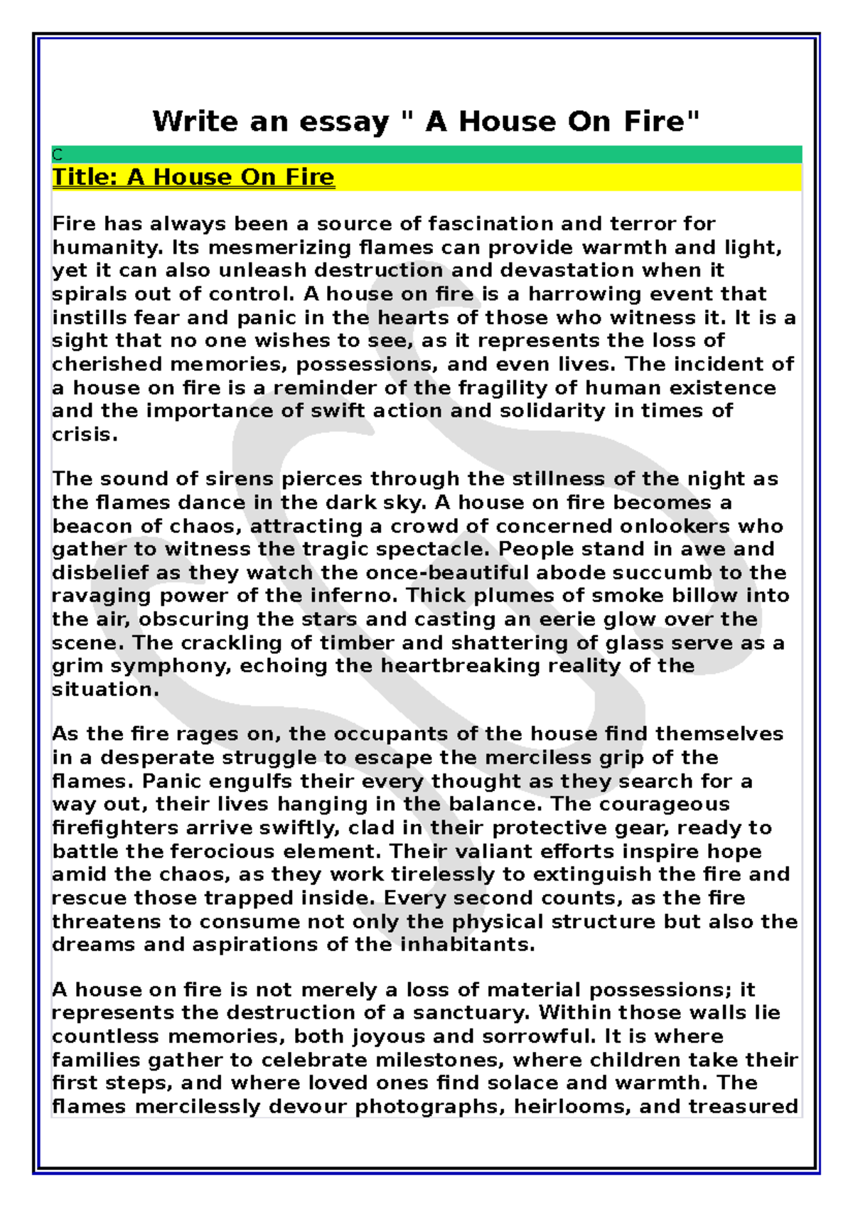 House Fire Descriptive Writing