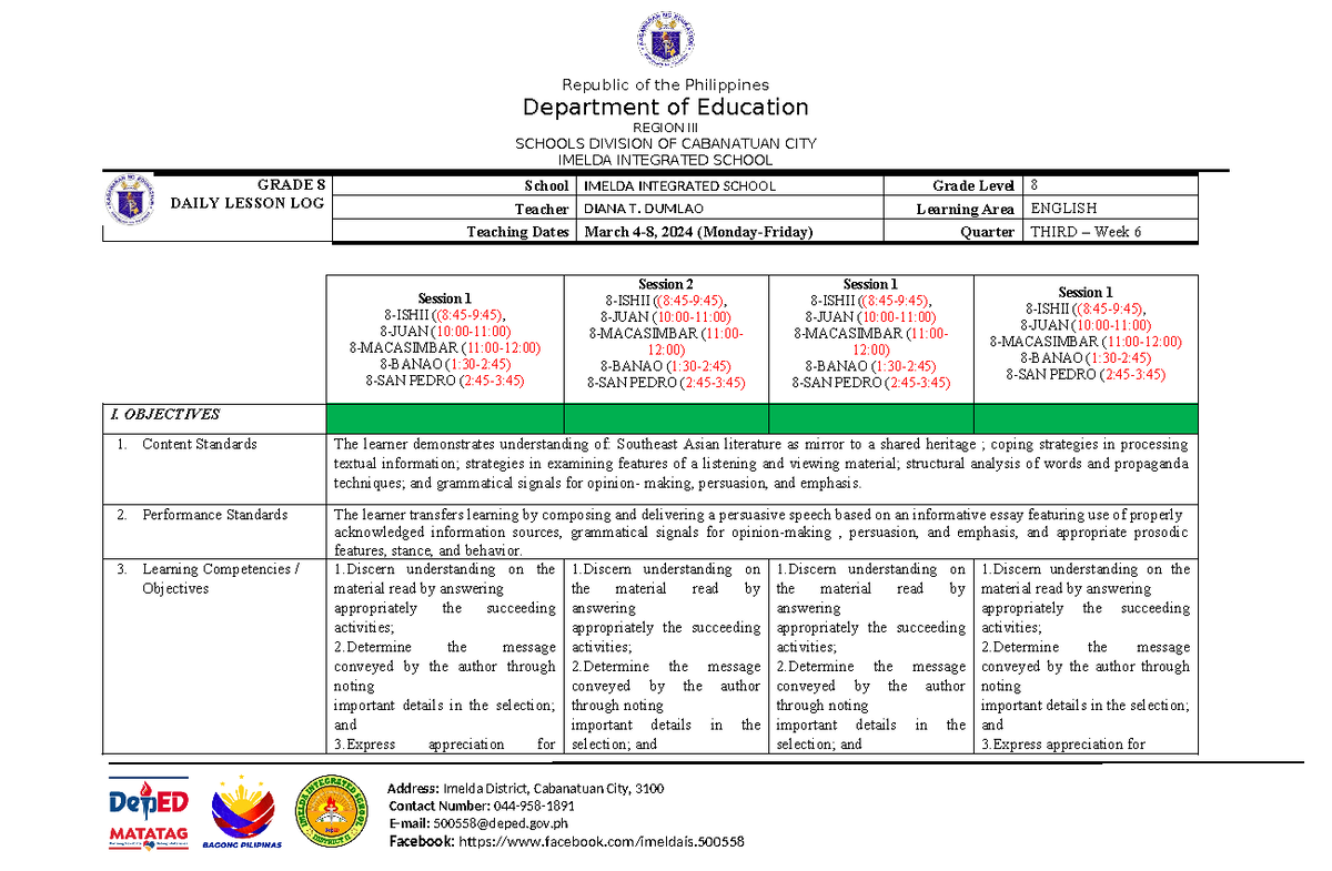 DLL Q3 W6 - Grade 8 English Daily Lesson Log - Studocu
