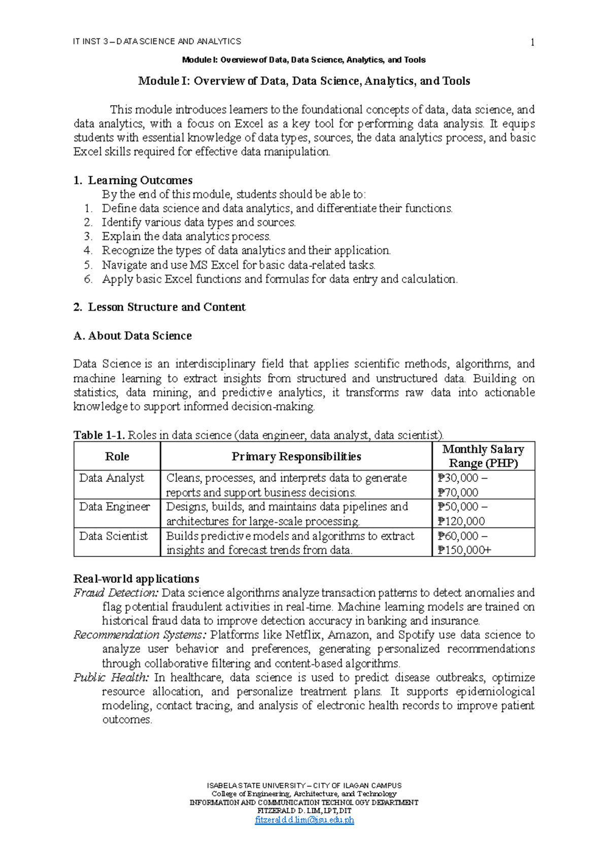 IT INST 3 DATA SCIENCE AND ANALYTICS: Module I Overview and Tools - Studocu