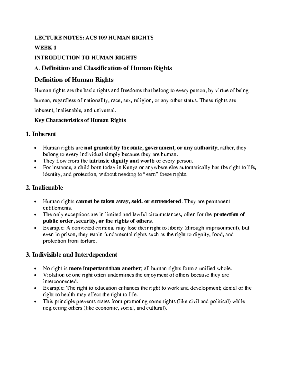 ACS 109 Human Rights Lecture Notes: Week 1 Overview and Key Concepts ...