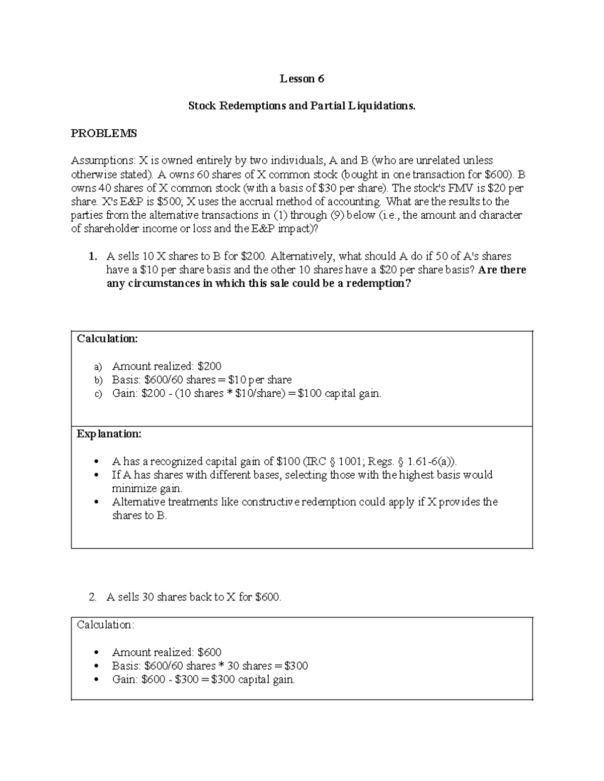 6A-9A - Corporate HW: Stock Redemptions & Partial Liquidation Problems ...
